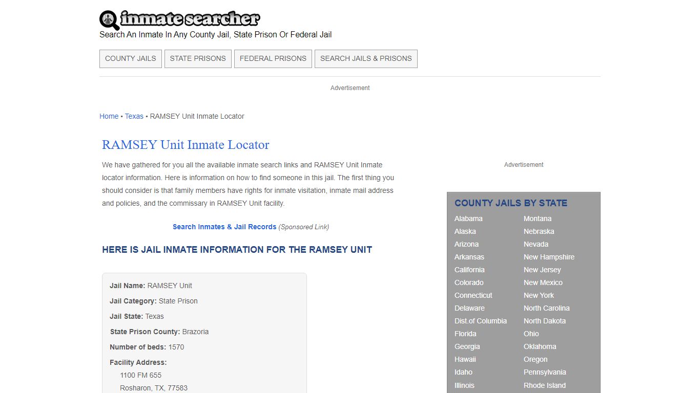 RAMSEY Unit Inmate Locator - Inmate Searcher